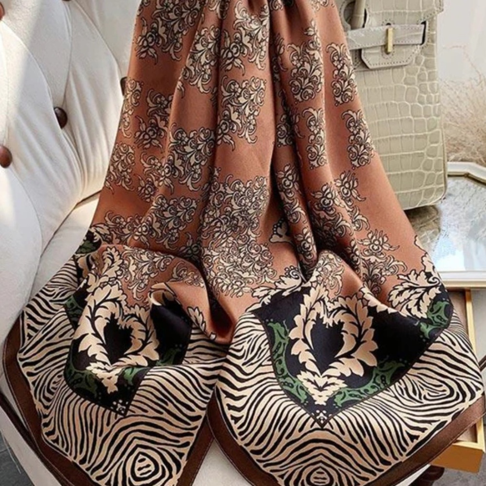 Silksilky Brown Floral Silk Square Scarf